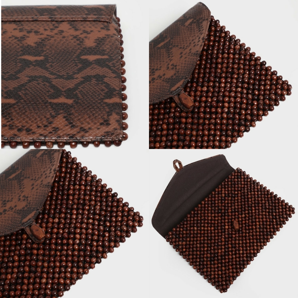 Brown Beaded Snake print Clutch Bag - Picture 9 of 10